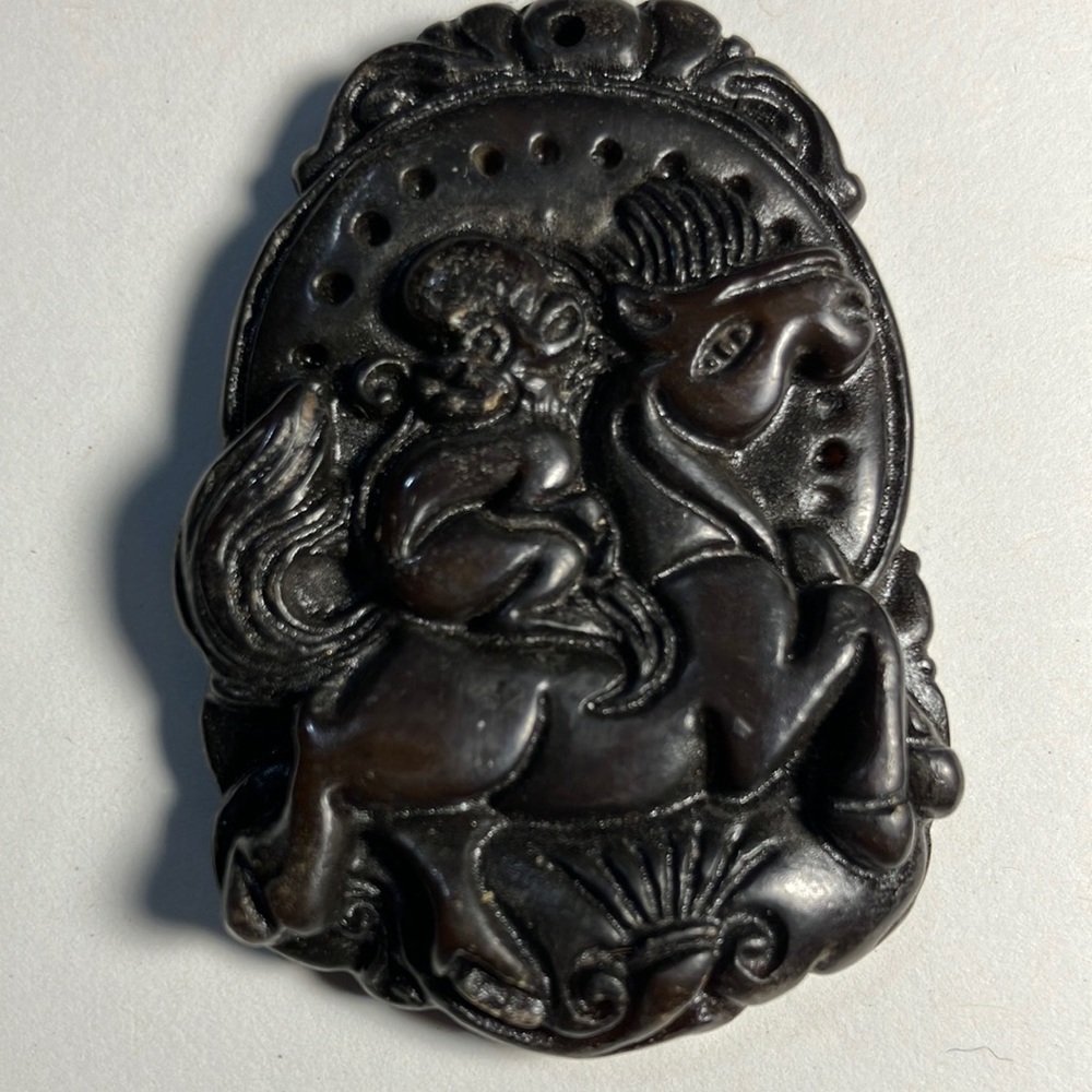 Horse with monkey dark brown jade pendant
